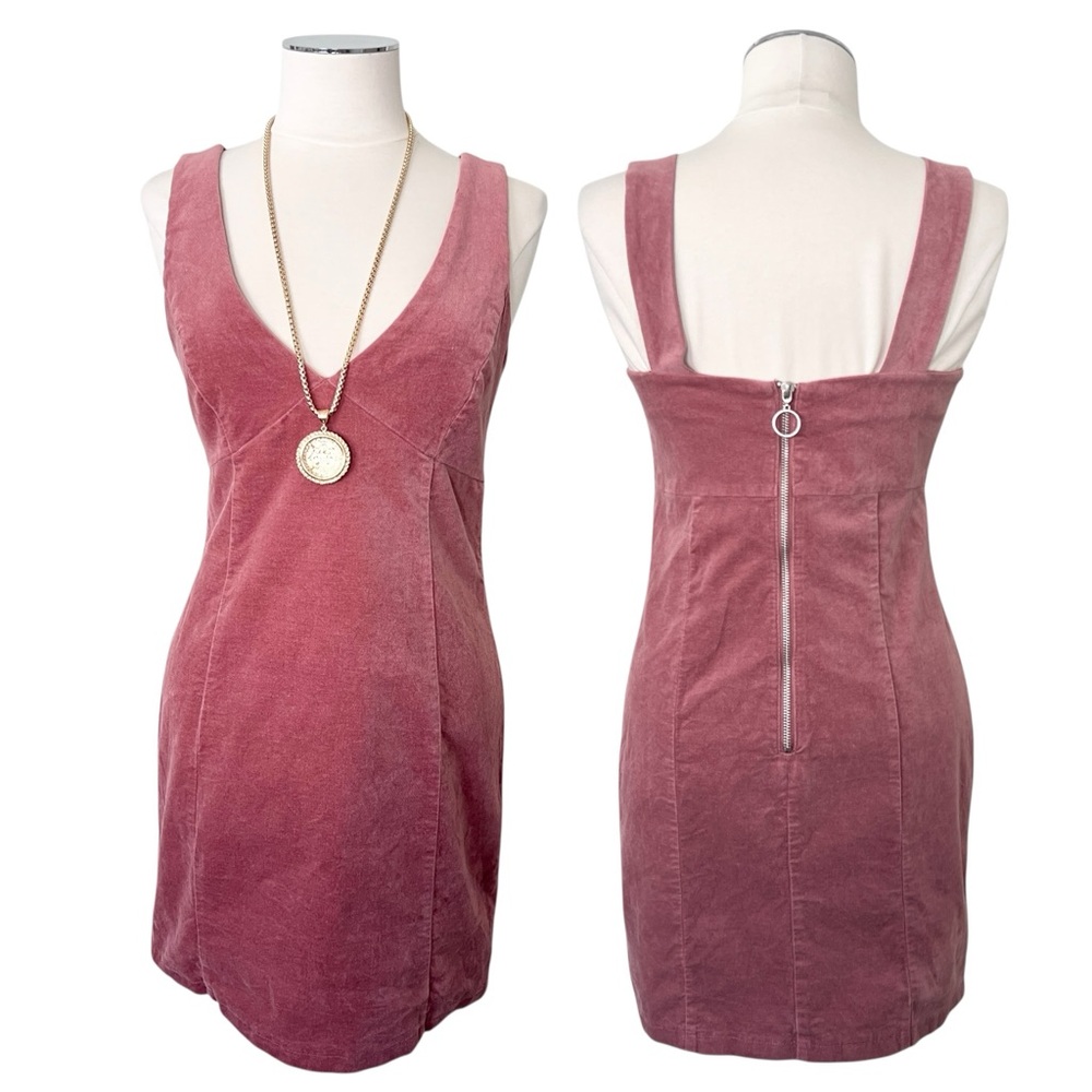 FOREVER 21 Velvet Cotton Blend Mini Dress Mauve Brown Pink V-Neck Slvls Sz L